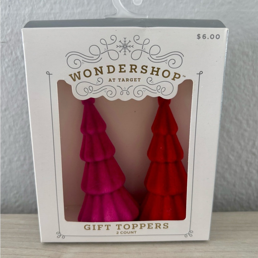 New ! 2ct Flocked Christmas Tree Gift Topper Pink/Red - Wondershop